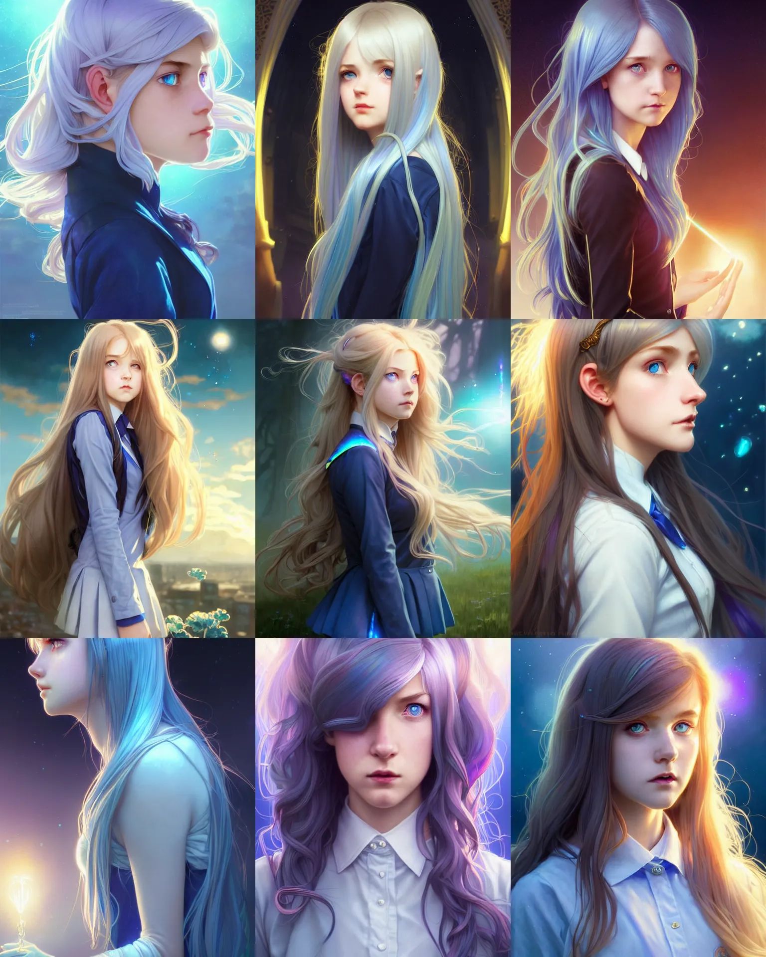 Prompt: side portrait of an innocent lost college girl, magic school uniform, iridescent hair color, blue eyes, large messy hair style, fantasy building, intricate, sharp focus, lens flare, bloom, rim light, illustration, highly detailed, digital painting, concept art, matte, art by wlop and artgerm and greg rutkowski and alphonse mucha, masterpiece