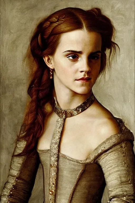 Prompt: stunning adorable portrait of emma watson, oil painting by jan van eyck and diego velazquez, oil on canvas, wet - on - wet technique, realistic, expressive emotions, detailed textures, illusionistic detail