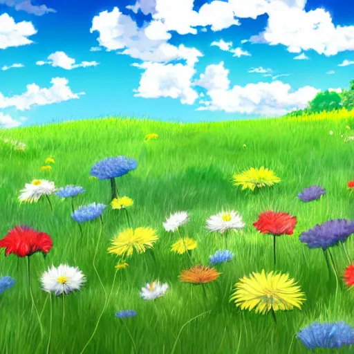 anime background grassland, flowers, summer, | Stable Diffusion | OpenArt