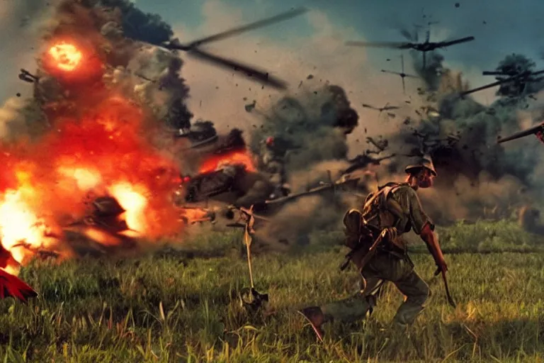 Image similar to vietnam war, a still from a pixar movie, cinematic action shot, explosions