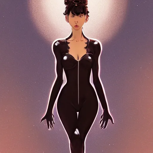 Prompt: a beautiful exquisite delicate hyperdetailed character design 4 k illustration scene of a petite woman with large brown eyes, long brunette hair, brown skin, voluptuous body, epic composition, wearing a black leather catsuit, fine delicate prefect face, intricate, elegant, style of victo ngai, makoto shinkai, raphael lacoste, artgerm,