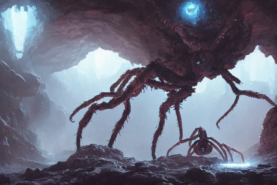 Prompt: giant spider monster deep underground, glowing rocks in an ominous cave, eldritch horror, character art by Greg Rutkowski, 4k digital render