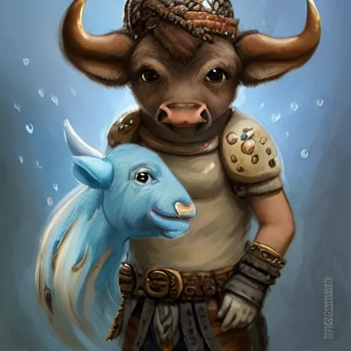 Image similar to cute little anthropomorphic water buffalo rebuilder wearing terrazzo cord, tiny, small, miniature animal, baby animal, short, pale blue armor, cute and adorable, pretty, beautiful, DnD character art portrait, matte fantasy painting, DeviantArt Artstation, by Jason Felix by Steve Argyle by Tyler Jacobson by Peter Mohrbacher, cinematic lighting