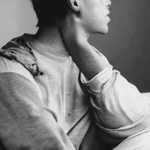 Image similar to black and white fashion photograph, highly detailed portrait of a depressed man sitting on the edge of a messy bed, natural light, rain, mist, lomo, fashion photography, film grain, soft vignette, sigma 85mm f/1.4 1/10 sec shutter