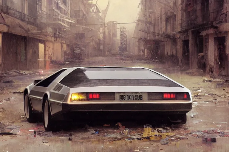 Image similar to photograph of the delorean, with a sleek spoiler, driving down the streets of a cyberpunk abandoned city, by greg rutkowski, by stanley artgerm, by alphonse mucha