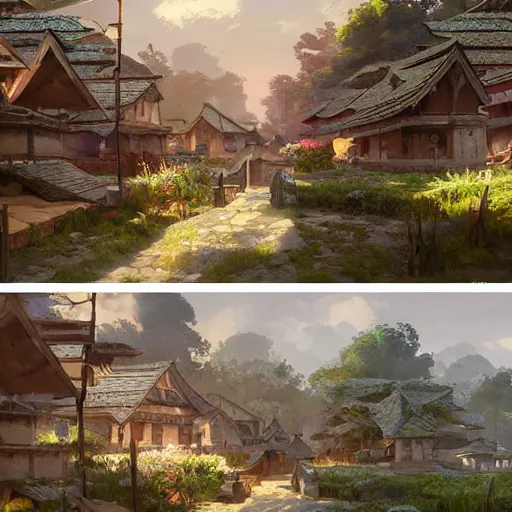Image similar to concept art painting of a cozy village in a mountainous forested valley, historic english and european and japanese architecture, realistic, detailed, cel shaded, in the style of makoto shinkai and greg rutkowski and james gurney