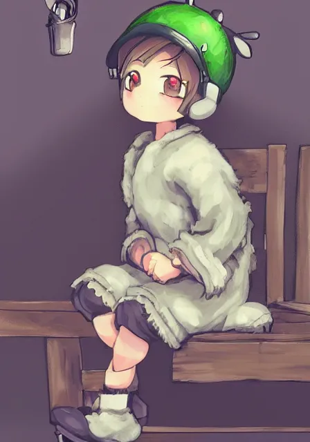 Image similar to beautiful little boy wearing sheep suit using a smartphone while sitting on chair, gray, blue, green and brown pallet color. made in abyss art style, inspired in kris from deltarrune, cute detailed artwork, anatomically correct, soft details, ilya kuvshinov, reflection, perfect composition, mobile wallpaper