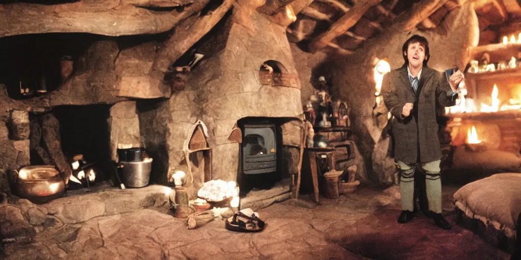 Image similar to A full color still of 30-year-old Paul McCartney, dressed as a hobbit inside his cozy house at night with light from a fireplace, directed by Stanley Kubrick, 35mm, 1970