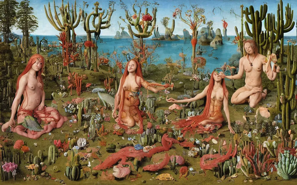 Image similar to a photograph of a meditating centaur shaman and a flayed mermaid feeding fish at the lake. surrounded by bulbous flowers, animals and a few trees and cacti. cliffs under a blue sky of burning stars. painted by jan van eyck, max ernst, ernst haeckel, ernst fuchs and artgerm, trending on cgsociety, plant patterns