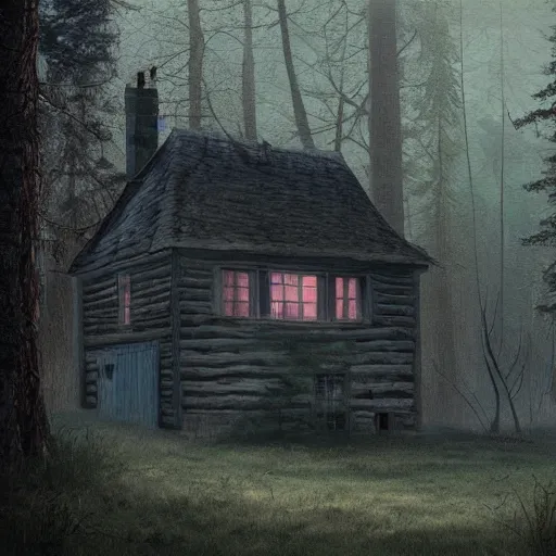 Image similar to a painting of a cottage in the middle of the woods, eerie thriller aesthetic!, detailed digital art, trending on artstation