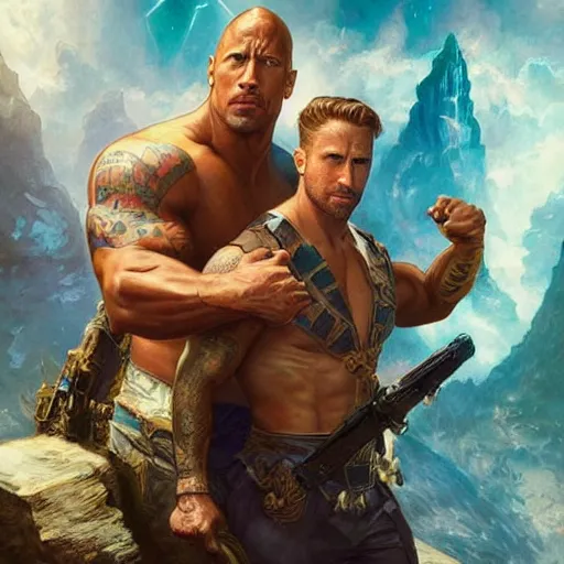 Image similar to Dwayne Johnson and Ryan Gosling Save the World, fantasy, intricate, elegant, highly detailed, digital painting, artstation, concept art, smooth, sharp focus, illustration, art by artgerm and greg rutkowski and alphonse mucha