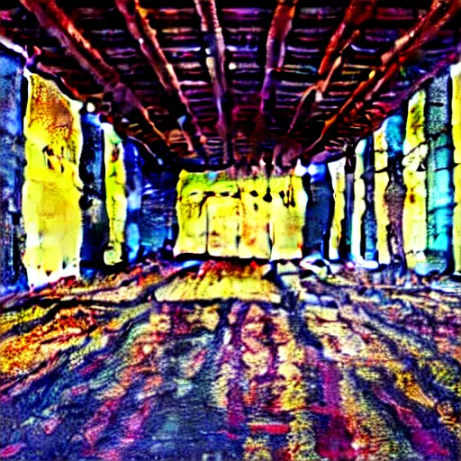 Image similar to underground prison, corroded metal bars, concrete, colorful tapestries, rugs, concept art