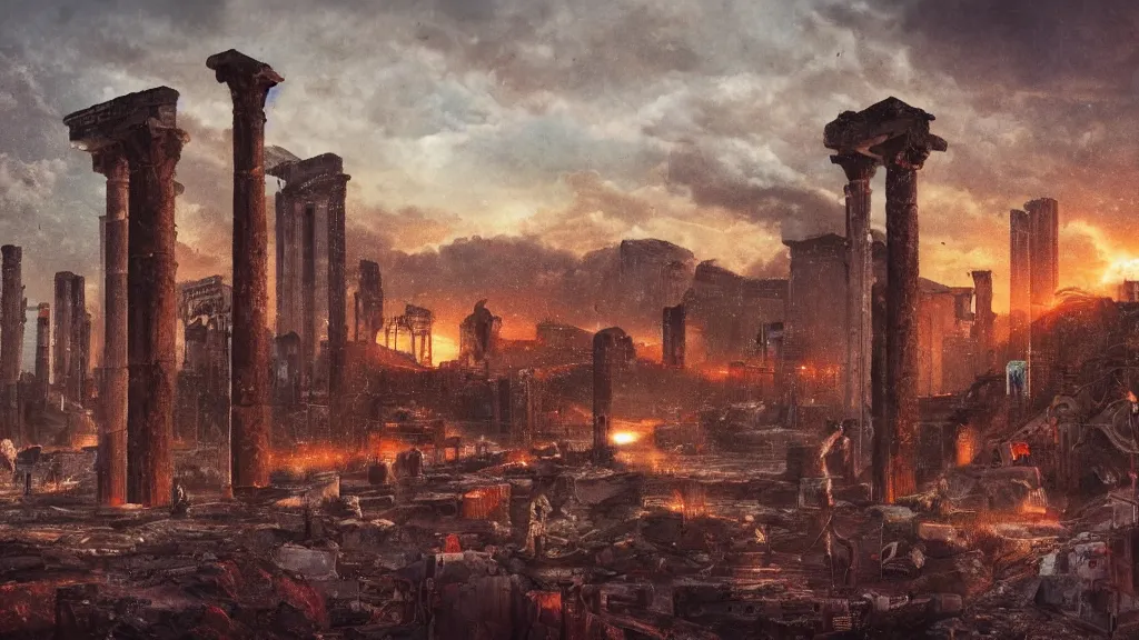 Prompt: cyberpunk pompeii landscape