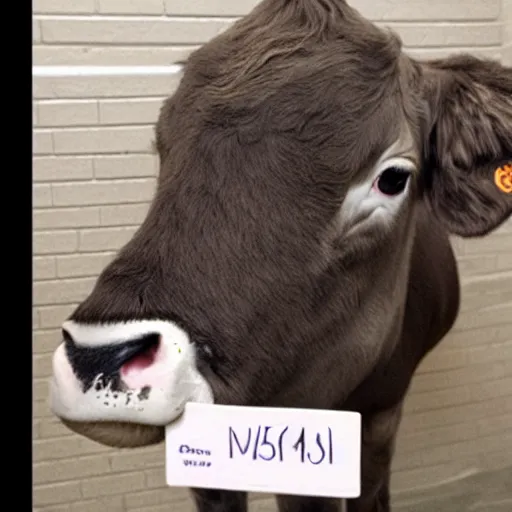 Prompt: mugshot of an inmate with the head of a cute calf