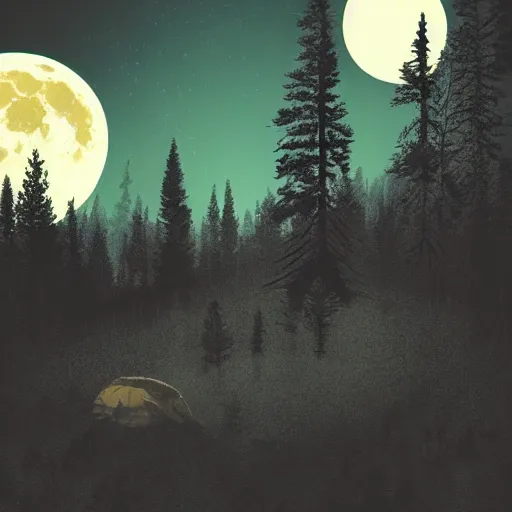 Image similar to rocky mountains at night, by ismail inceoglu, large full moon centered in the background, pine trees, digital art, illustration, detailed, spooky, gloomy, 8 k render