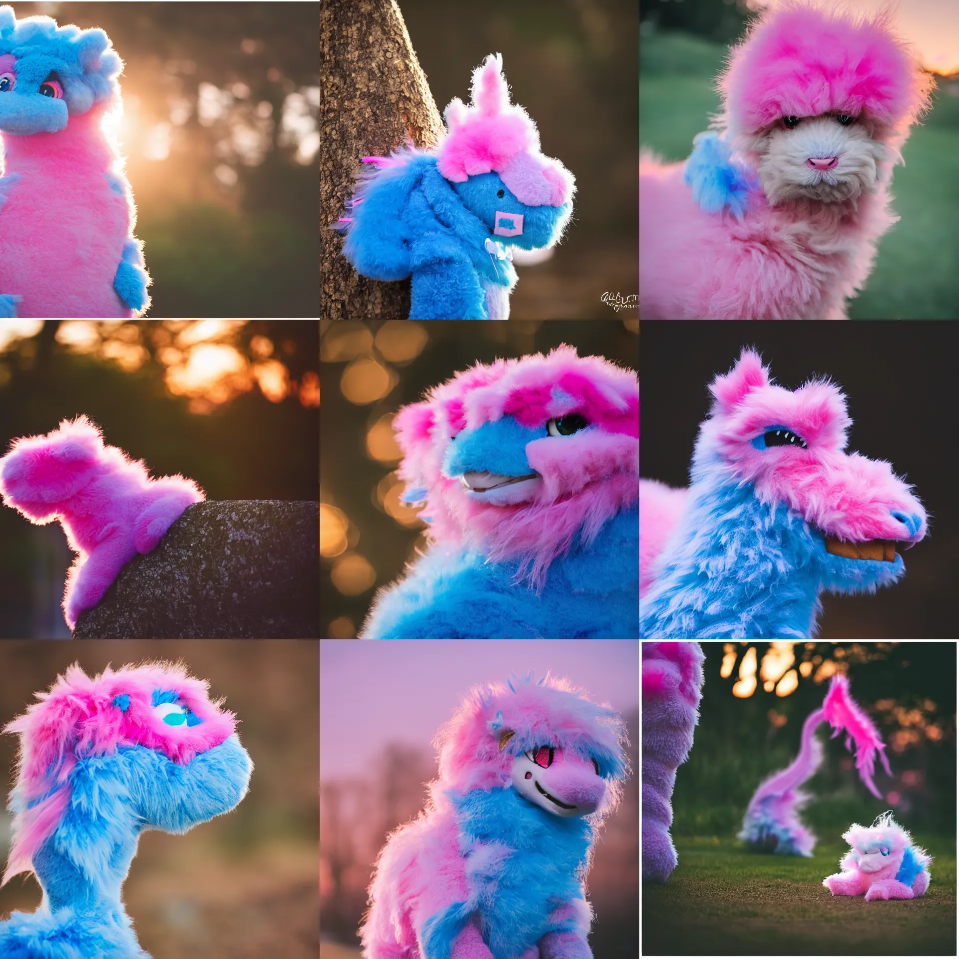 Prompt: a cute pink and blue fluffy dragon, golden hour, bokeh, narrow depth, 8 0 mm f 1. 4