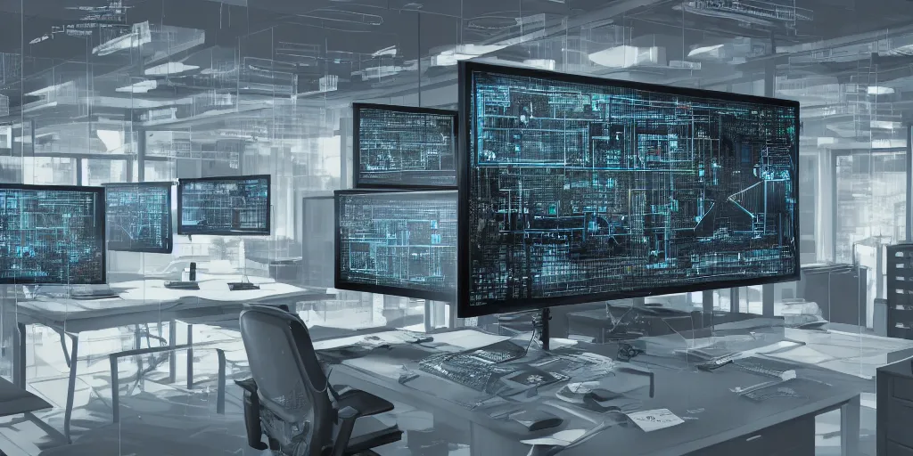 Prompt: realistic advertising photograph of a orwellian computer monitor in an urban office setting with blueprints and schematic drawings on each screens, ultra realistic, by cedric peyravernay, intricate detail, digital painting, industrial art style, mirrors edge art style, volumetric lighting effect, artstation, octane render, 3 5 mm film grain