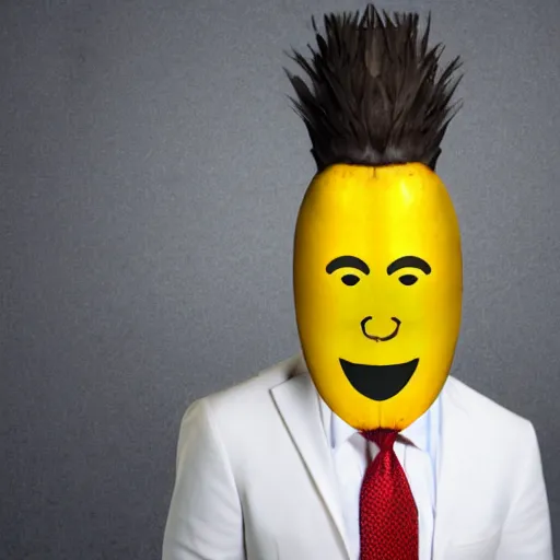 Image similar to banana head, a man wearing a suit banana head