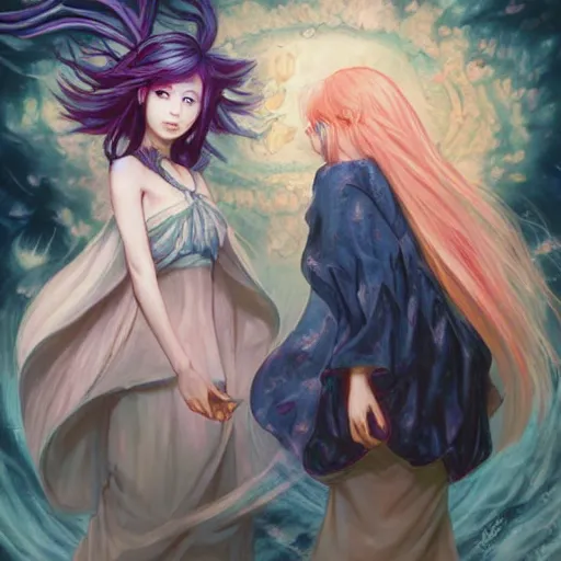 Image similar to Shion and Rimuru Tempest in the style of Magic The Gathering MTG by Hikari Shimoda and Charlie Bowater