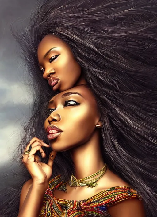 Prompt: a beautiful african woman, 8 k, hyperrealistic, hyperdetailed, beautiful face, long hair windy, dark fantasy, fantasy portrait by laura sava