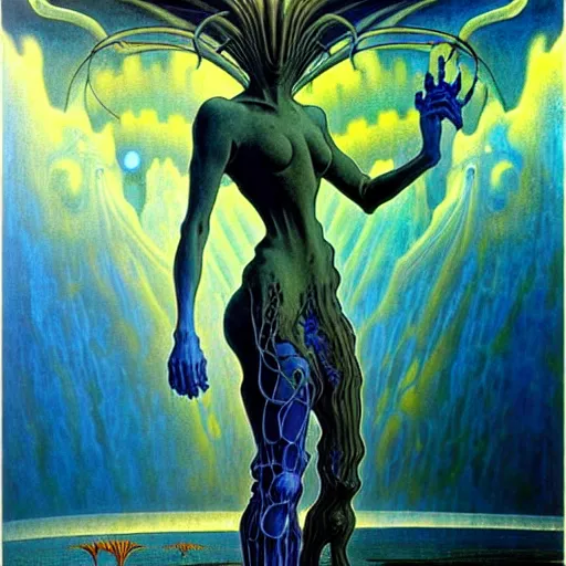 Image similar to realistic extremely detailed portrait painting of a ghost silhouette, futuristic sci-fi landscape on background by Jean Delville, Amano, Yves Tanguy, Alphonse Mucha, Ernst Haeckel, Edward Robert Hughes, Roger Dean, rich moody colours, blue eyes