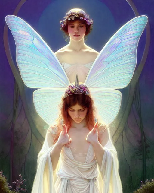 Prompt: portrait of a ethereal magical young butterfly fairy princess wearing a white robe, d & d, fantasy, intricate, elegant, highly detailed, digital painting, artstation, concept art, smooth, sharp focus, illustration, art by greg rutkowski, maxfield parrish and alphonse mucha, new art nouveau, tarot card