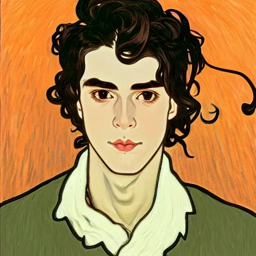 Image similar to painting of young cute handsome beautiful dark medium wavy hair man in his 2 0 s named shadow taehyung at the halloween pumpkin matcha party, straight nose, depressed, melancholy, autumn, elegant, clear, painting, stylized, delicate, soft facial features, delicate facial features, soft art, art by alphonse mucha, vincent van gogh, egon schiele