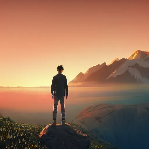 Prompt: young man facing the desperate and endless call of the void, mountain top above clouds, beautiful sunset, unreal 5 render, vivid colors, high detail, studio ghibli, digital art, octane render, beautiful composition, trending on artstation, award - winning photograph, masterpiece