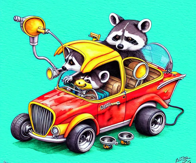 Image similar to cute and funny, racoon driving a tiny hot rod with an oversized engine, ratfink style by ed roth, centered award winning watercolor pen illustration, isometric illustration by chihiro iwasaki, edited by craola, tiny details by artgerm and watercolor girl, symmetrically isometrically centered