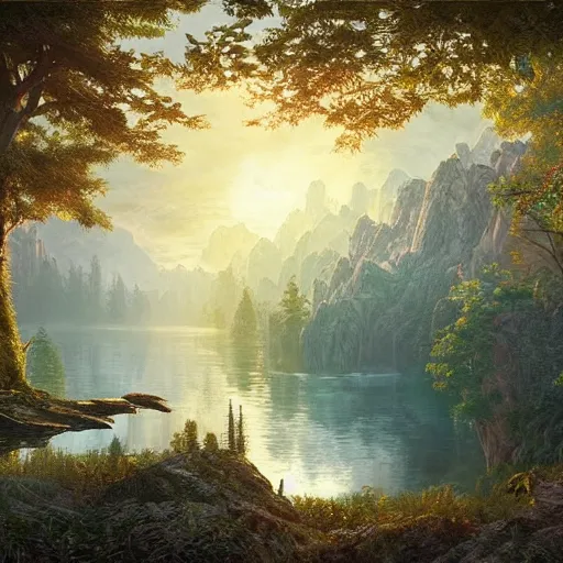 Prompt: A beautiful hyper realistic detailed matte painting of a phoenix temple nestled in forest next to a lake, artwork by John Howe and Albert Bierstadt and Alena Aenami and dan mumford and dave noton, unreal engine, trending on behance