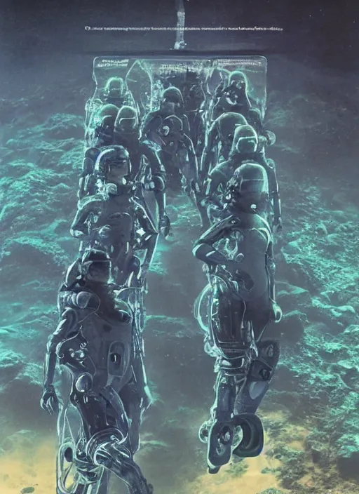 Prompt: divers astronauts in dark and empty void underwater - complex and hyperdetailed technical suit. reflection and dispersion materials. rays and dispersion of light. volumetric light. 5 0 mm, f / 3 2. noise film photo. flash photography. ultra realistic, wide angle. poster by wayne barlowe, hajime sorayama aaron horkey, craig mullins
