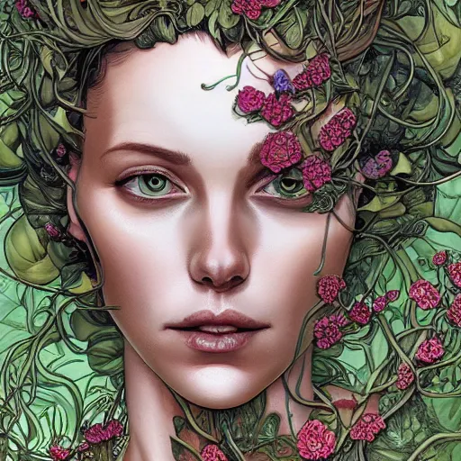 Prompt: a beautiful detailed front view portrait of a rotten woman corpse with plants and fractal flowers growing around, artgerm, joshua middleton comic cover art,