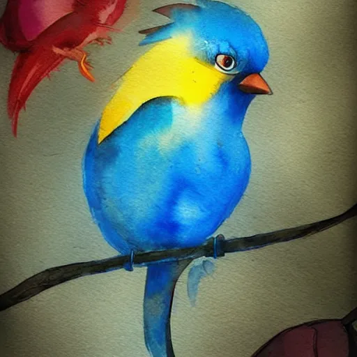 Prompt: a beautiful adorable fantasy whimsical watercolor painting of a blue bird, a red bird and a yellow bird, bright blue sky, Disney concept art, trending on artstation hq, contest winner