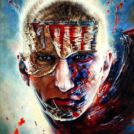 Prompt: detailed masterpiece head and shoulders portrait of struggling Captain America by Ayami Kojima, Amano, Karol Bak, Gottfried Helnwein, and Mark Brooks, rich deep colors. agony. Beksinski painting, part by Adrian Ghenie and Gerhard Richter. art by Takato Yamamoto. medium shot. masterpiece . intricate artwork by Tooth Wu and wlop and greg manchess, greg rutkowski, very coherent artwork, cinematic, hyper realism, high detail, octane render, unreal engine, 8k, Vibrant colors, Smooth gradients, High contrast. by Katsuhiro Otomo, inspired by anime, movie grain, intricate detail, extremely detailed. painting by Arthur Rackham, Eugene de Blaas, Frederic Leighton