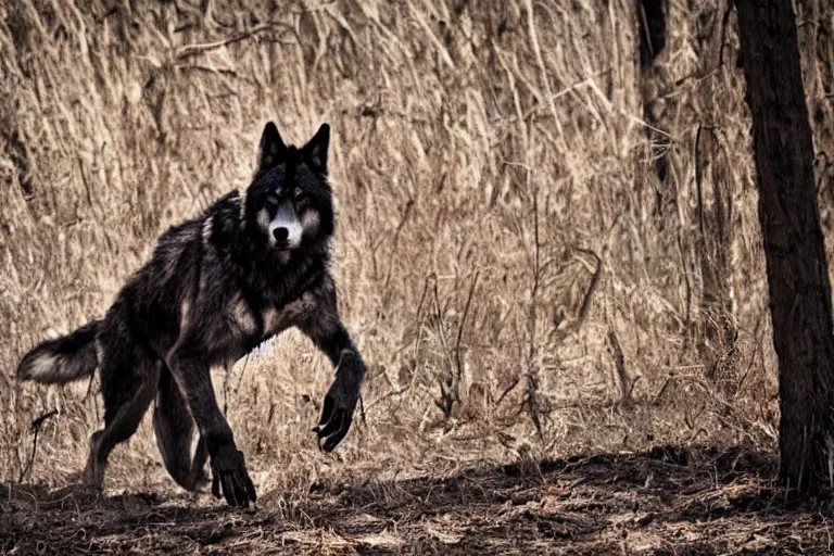 Prompt: ! human wolf crow werecreature, photograph captured at woodland creek