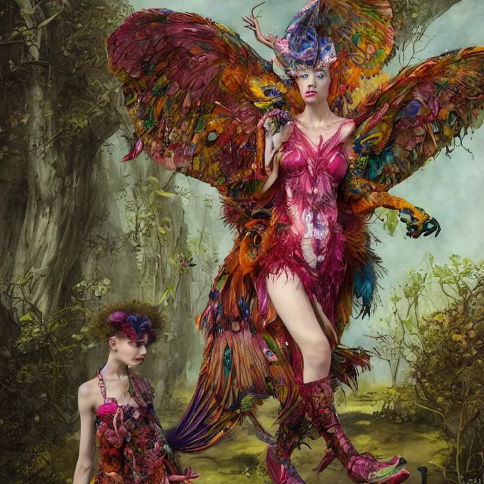 Image similar to a fashion editorial of sadie sinkwith hooves as a brightly colored eagle amphibian hybrid with wet translucent mutated skin. wearing a mutated organic dress. by tom bagshaw, donato giancola, hans holbein, walton ford, gaston bussiere, peter mohrbacher, brian froud and iris van herpen. 8 k, cgsociety