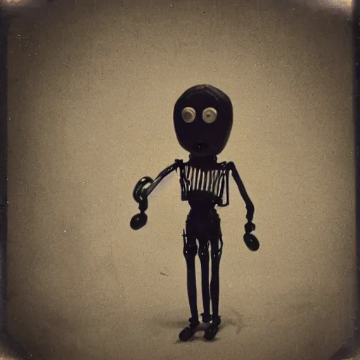 Image similar to alive, creepy marionette puppet, leaping towards viewer, horrific, unnerving, clockwork horror, pediophobia, lost photograph, dark, forgotten, final photo found before disaster, polaroid,