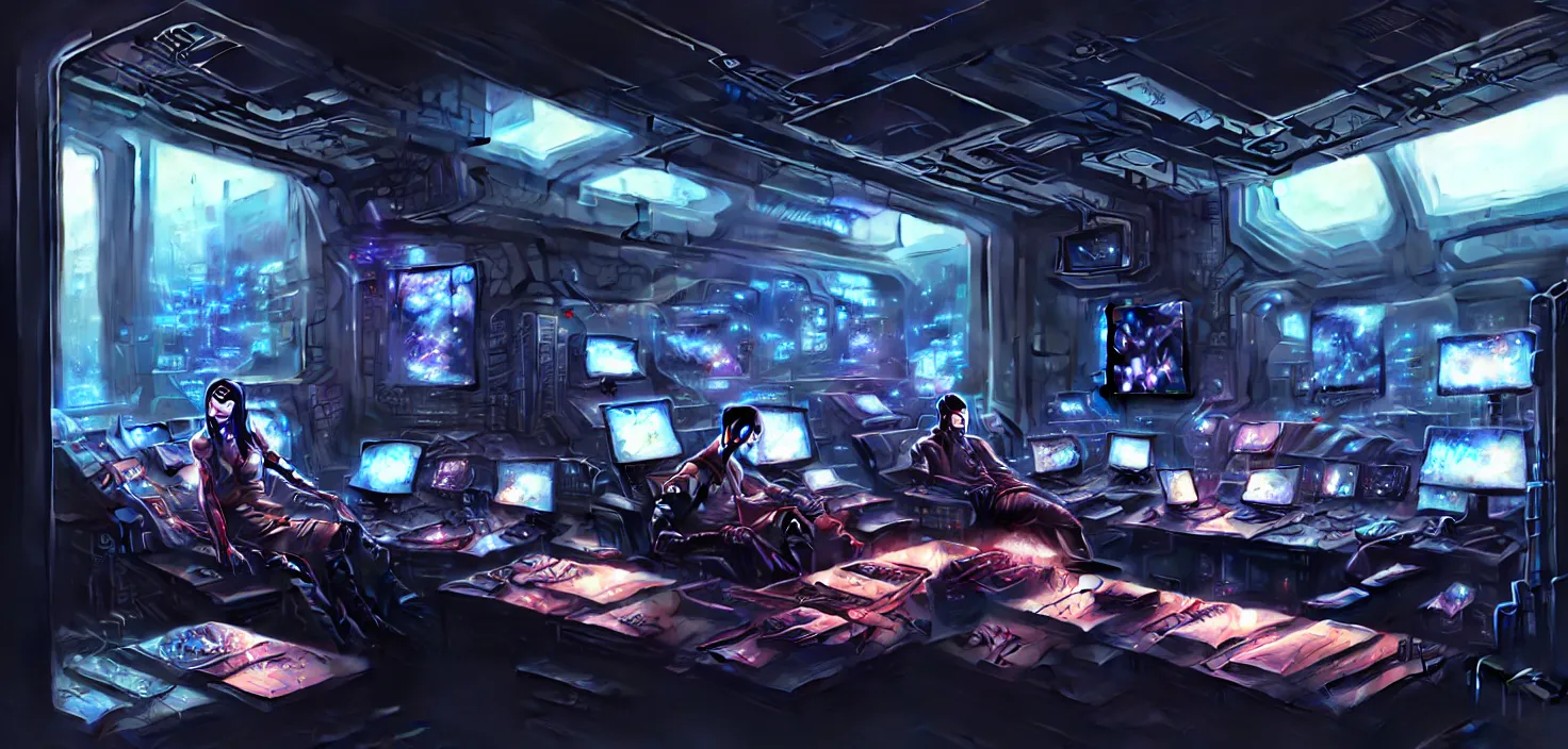 Image similar to a hyper detailed octane render concept art by xision wu, kerem beyit, sandara tang portrait of cyberpunk panel control spaceship room, dim lighting, detailed portraits, unreal engine 5, highly rendered, digital painting, hyper realistic, photo realistic, artstation, concept art, smooth, sharp focus perfect horizontal, symmetry illustration, detailed and intricate environment artstation hq