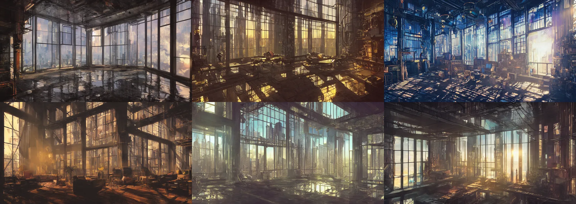 Prompt: picture of an interior loft by earnst haeckel, luxury, interior design, tall windows, reflections, cyberpunk city, first light, sunshafts, volumetric lights, colorful, concept art, art station