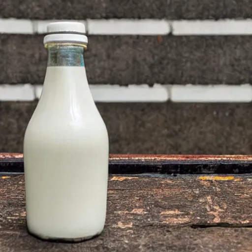 Image similar to bottle of milk, over a rusted metal table inside slaughterhouse