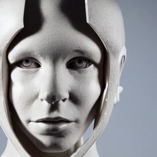 Image similar to a head and shoulders portrait of a female cyborg in her 20s, sculpture made of marble and aluminum, studio photography, cyberpunk lighting