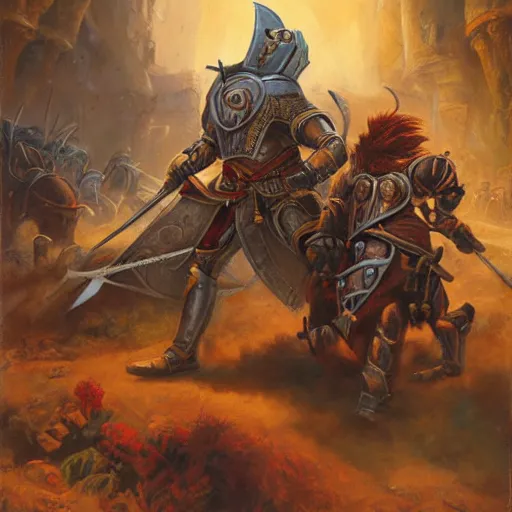 Image similar to knights fighting, oil painting by justin gerard, deviantart