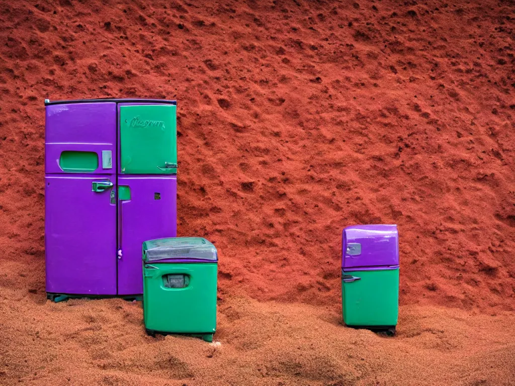 Image similar to purple refrigerator, red sand beach, green ocean, nebula sunset