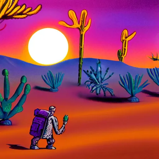 Prompt: A five-foot tall human nose that is walking a leashed holographic beetle in a desert with purple cacti, joshua trees, with a red sun directly overhead. Detailed illustration.