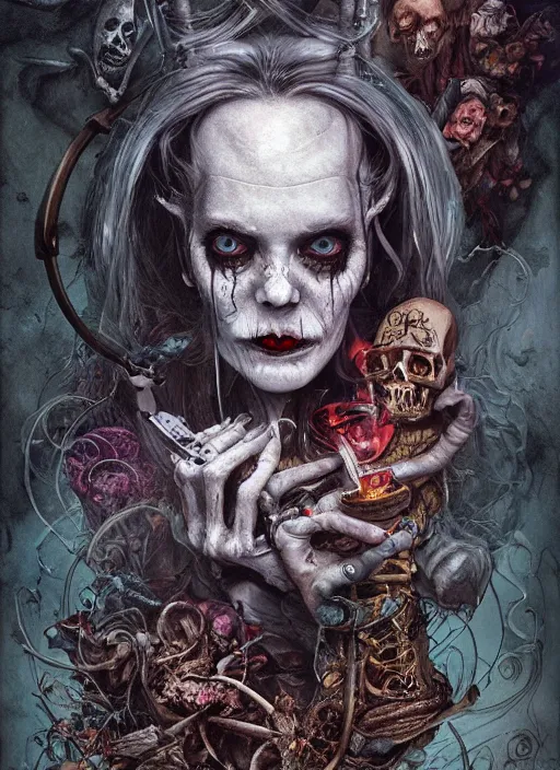 Prompt: Alice in Wonderland,smoking a pipe,death tarot card,highly detailed,half skull face,cinematic,8k,by Stanley Artgermm,Tom Bagshaw,Greg Rutkowski,Carne Griffiths, Ayami Kojima, Beksinski, Giger,trending on DeviantArt,hyper detailed,horror, full of colour