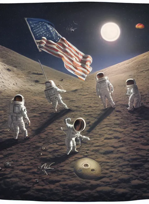 Image similar to highly detailed wide - angle portrait of a retro 1 9 6 0 s moon landing, nicoletta ceccoli, mark ryden, lostfish, earl nore, hyung tae, frank frazetta, global illumination, god rays, detailed and intricate environment