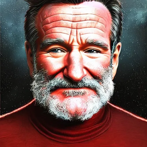 Image similar to Very very very very highly detailed epic photo of Robin Williams, intricate, dystopian, sci-fi, extremely detailed, digital painting, artstation, concept art, smooth, sharp focus, illustration, intimidating lighting, incredible art by Artgerm and Vincent di Fate