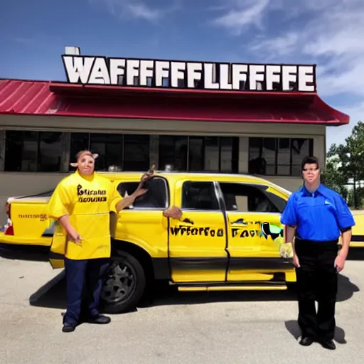 Image similar to wafflehouse employee's standing below wafflehouse sign, employees uniform is blue and black with yellow name tags