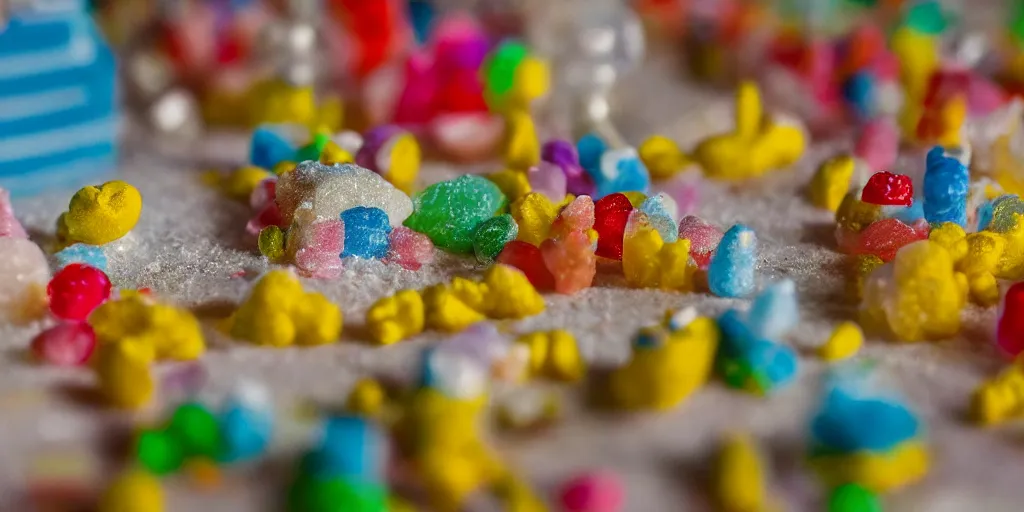 Image similar to a cinematic film still of a claymation stop motion film about a town made of lemons and candy, shallow depth of field, 8 0 mm, f 1. 8