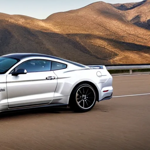 Prompt: A sports coupe designed and produced by Ford, based on the Mustang, promotional photo